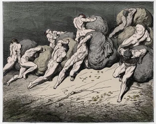 Inferno, 7. Gesang: Die Seelen der Geizigen und Verschwender werden gezwungen, schwere Steine zu rollen, Illustration aus der Göttlichen Komödie von Dante Alighieri, 1885